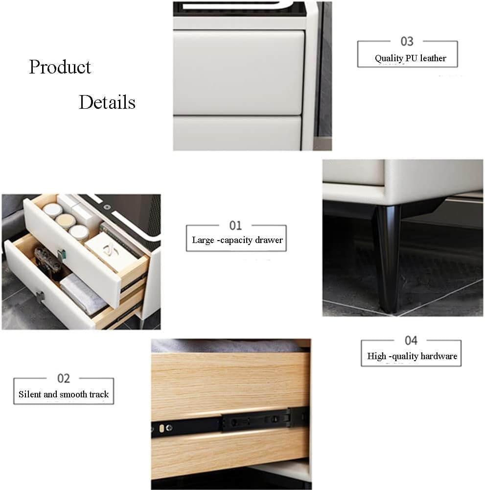 Noptiera Smart Multifunctionala, iluminare LED tactil cu 3 culori, incarcare wireless si USB, difuzor Bluetooth, 2 sertare