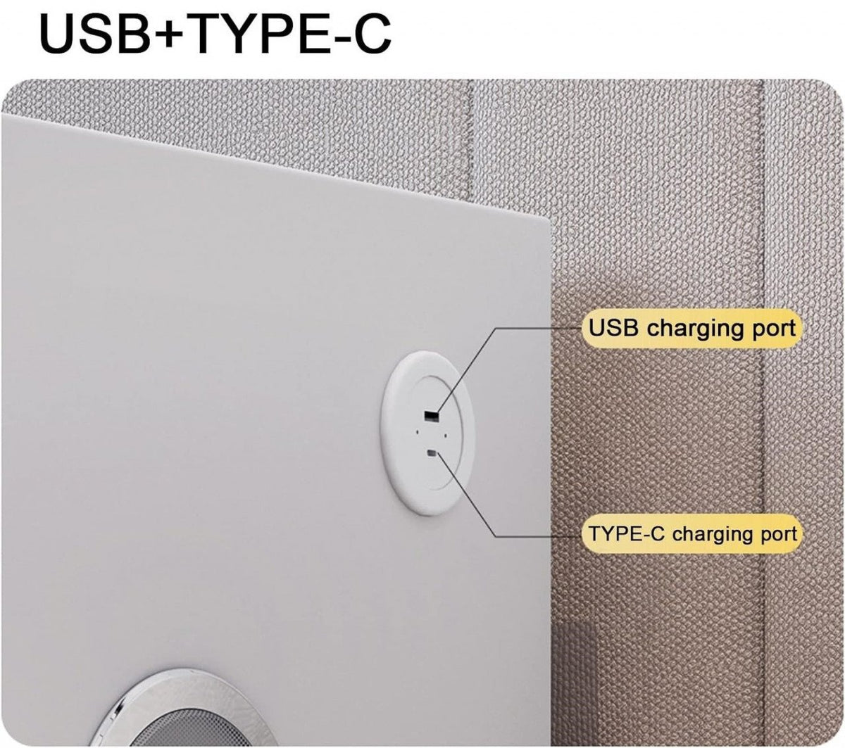 Noptiera Smart Multifunctionala, iluminare LED tactil cu 3 culori, incarcare wireless si USB, difuzor Bluetooth, 2 sertare