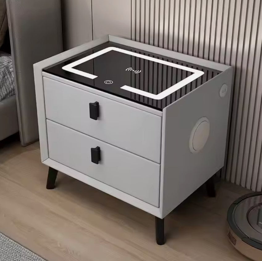 Noptiera Smart Multifunctionala, iluminare LED tactil cu 3 culori, incarcare wireless si USB, difuzor Bluetooth, 2 sertare