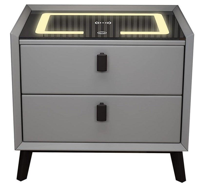 Noptiera Smart Multifunctionala, iluminare LED tactil cu 3 culori, incarcare wireless si USB, difuzor Bluetooth, 2 sertare