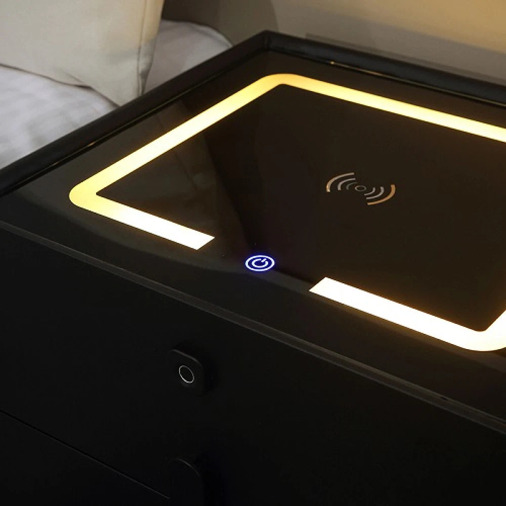 Noptiera Smart Multifunctionala, iluminare LED tactil cu 3 culori, incarcare wireless si USB, difuzor Bluetooth, 2 sertare