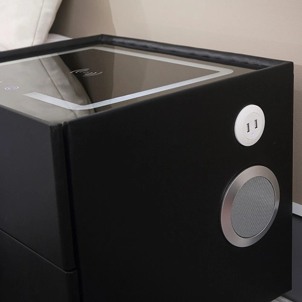 Noptiera Smart Multifunctionala, iluminare LED tactil cu 3 culori, incarcare wireless si USB, difuzor Bluetooth, 2 sertare