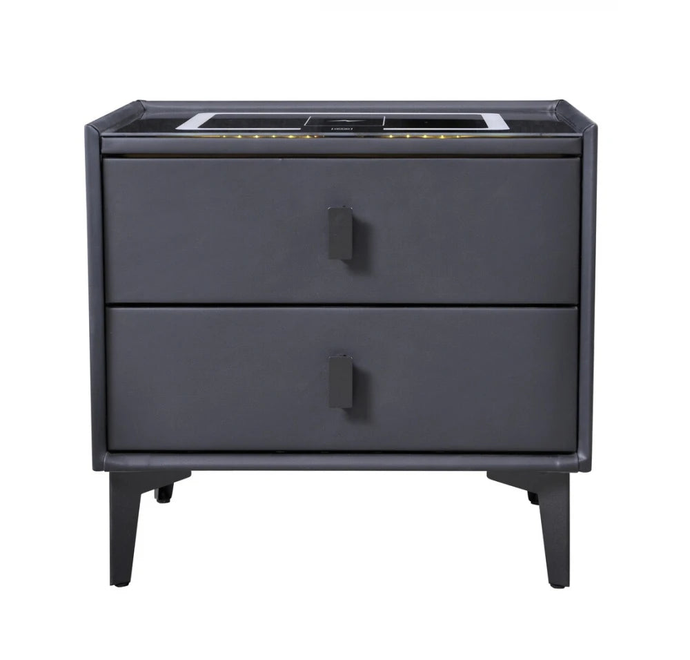 Noptiera Smart Multifunctionala, iluminare LED tactil cu 3 culori, incarcare wireless si USB, difuzor Bluetooth, 2 sertare