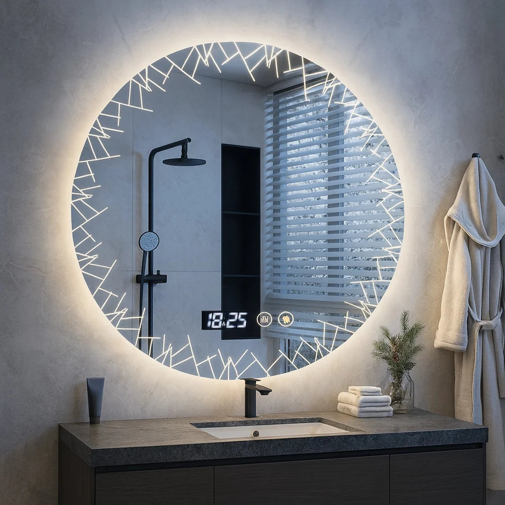 Oglinda LED baie cu dezaburire, ceas si termometru, 80cm