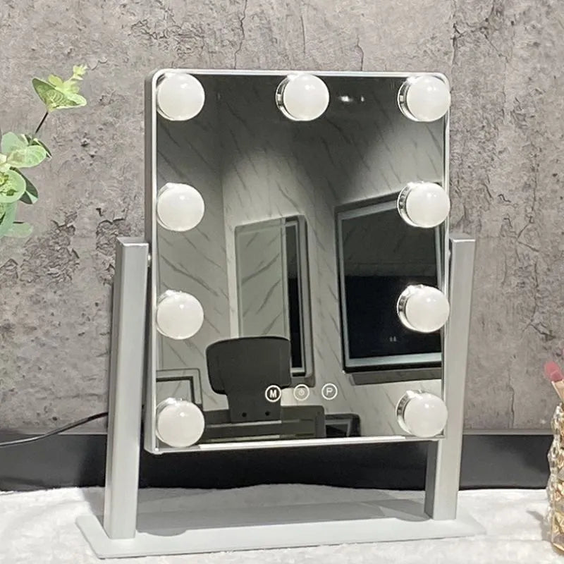 Oglinda machiaj profesionala cu suport metalic, Smart Touch, 9 becuri LED si 3 moduri de iluminare, 26 x 31cm