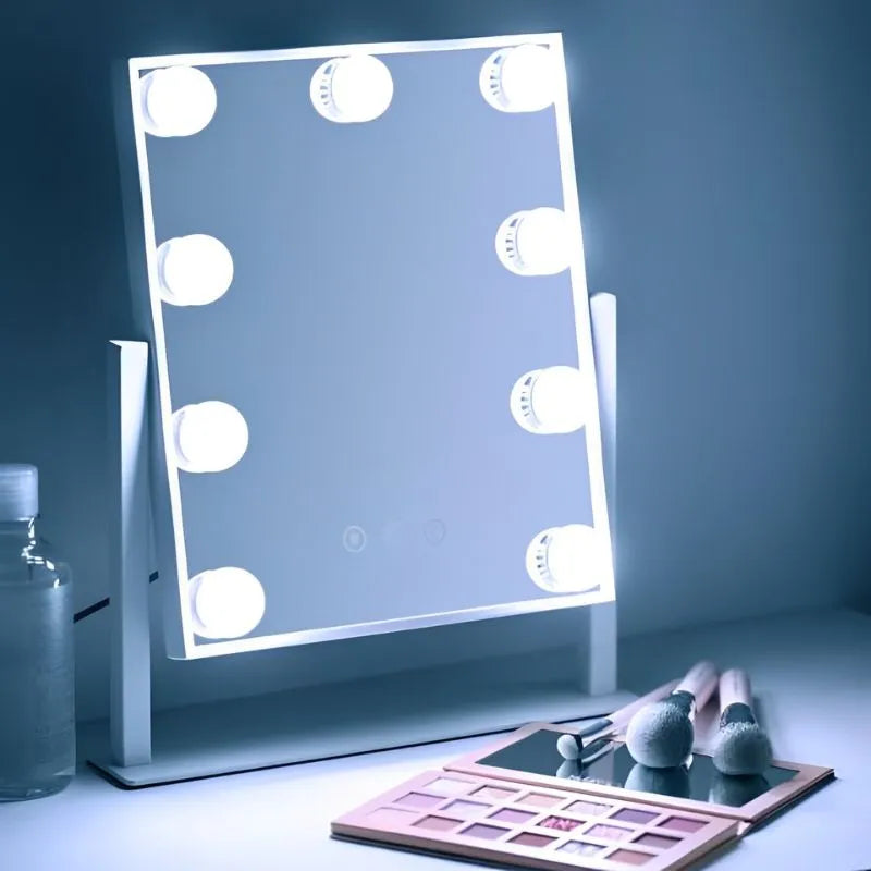 Oglinda machiaj profesionala cu suport metalic, Smart Touch, 9 becuri LED si 3 moduri de iluminare, 26 x 31cm