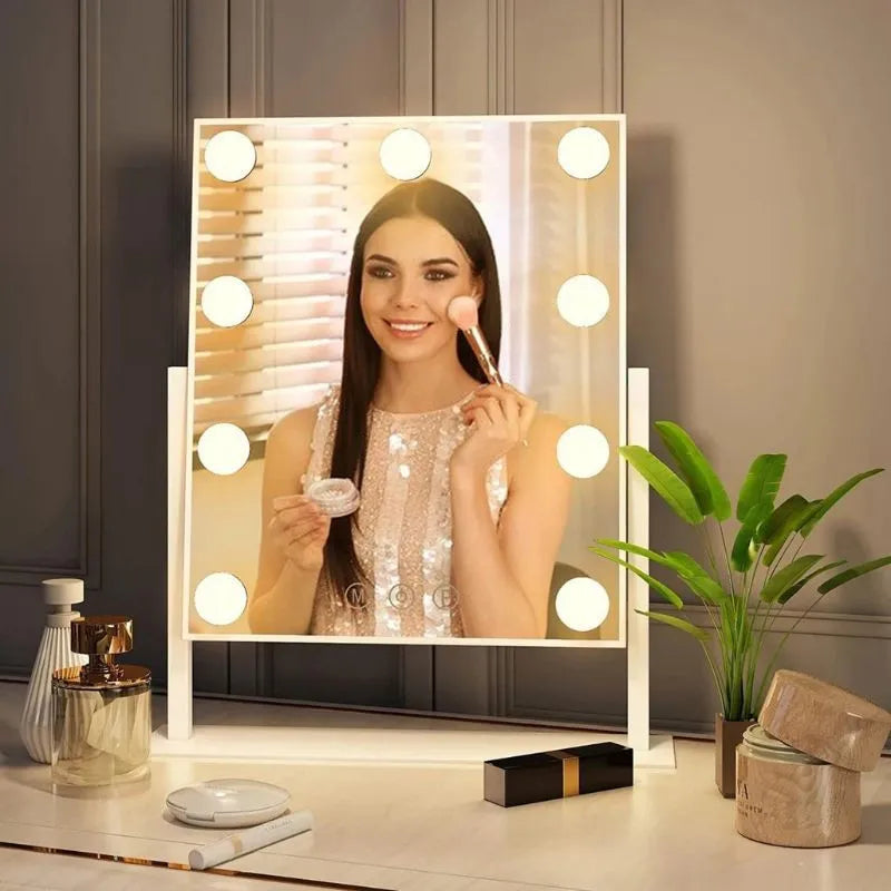 Oglinda machiaj profesionala cu suport metalic, Smart Touch, 9 becuri LED si 3 moduri de iluminare, 26 x 31cm
