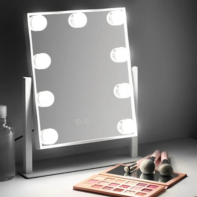 Oglinda machiaj profesionala cu suport metalic, Smart Touch, 9 becuri LED si 3 moduri de iluminare, 26 x 31cm