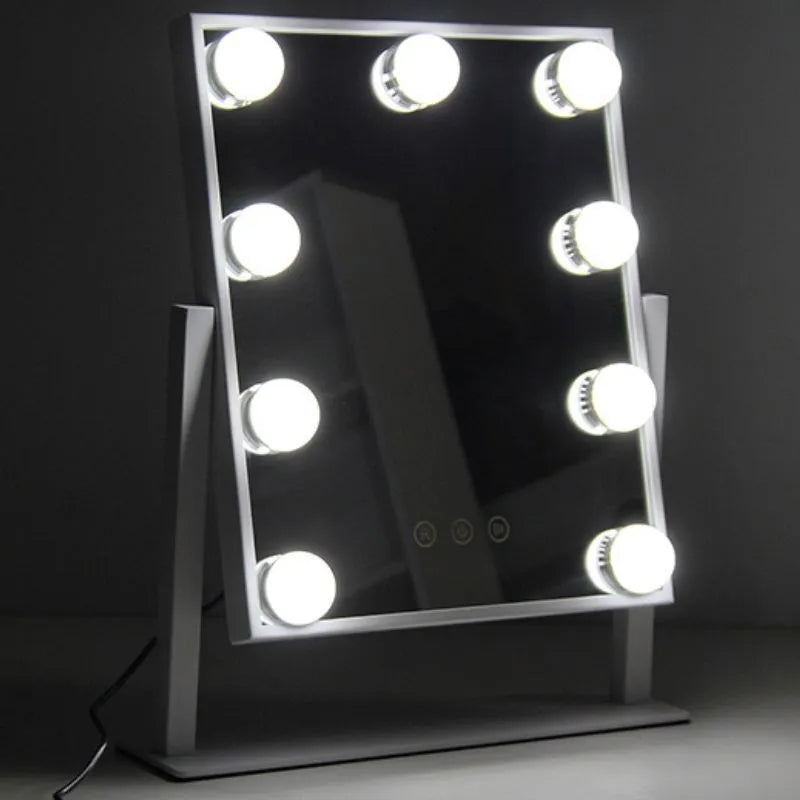 Oglinda machiaj profesionala cu suport metalic, Smart Touch, 9 becuri LED si 3 moduri de iluminare, 26 x 31cm