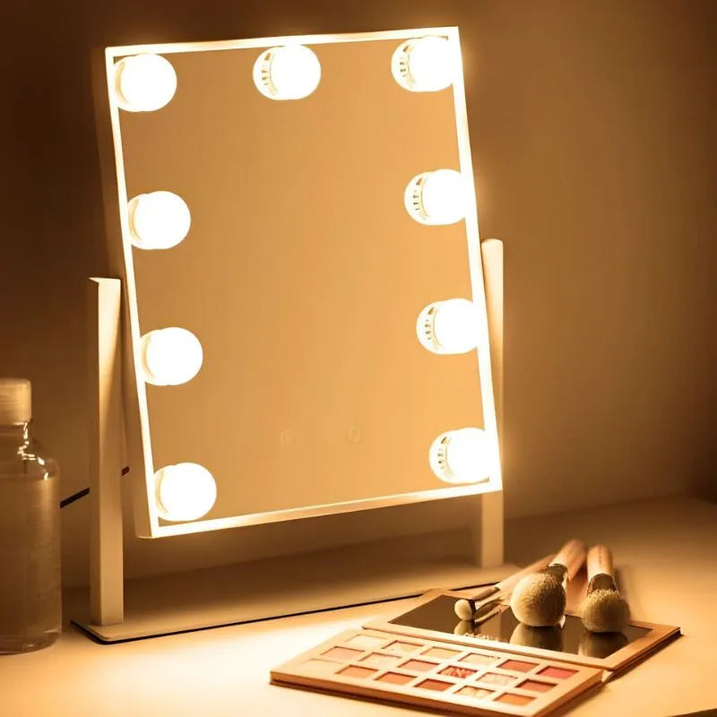 Oglinda machiaj profesionala cu suport metalic, Smart Touch, 9 becuri LED si 3 moduri de iluminare, 26 x 31cm