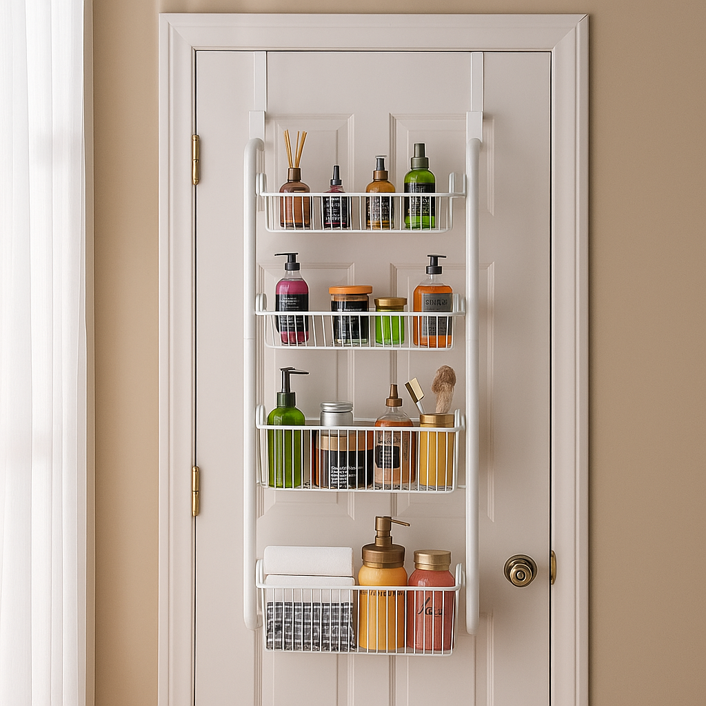 Organizator metalic cu 4 nivele pentru usa – suport depozitare 2 cosuri mari + 2 mici, culoare alb sau negru