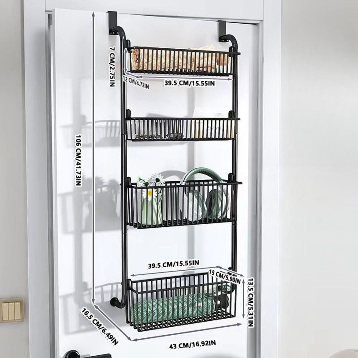 Organizator metalic cu 4 nivele pentru usa – suport depozitare 2 cosuri mari + 2 mici, culoare alb sau negru