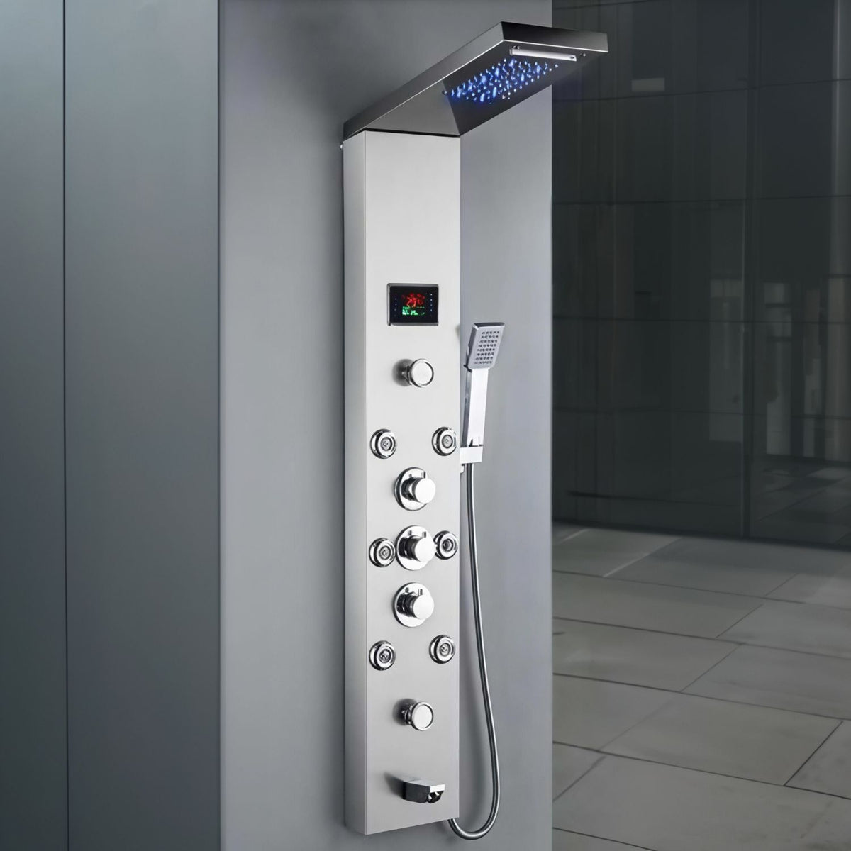 Panou dus modern din otel inoxidabil 304 cu functie cascada si jeturi multiple, montaj pe perete, culori negru, auriu si argintiu