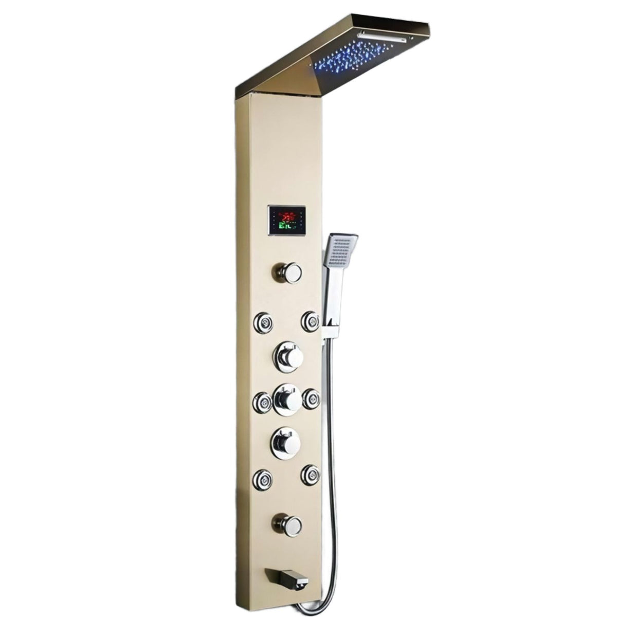 Panou dus modern din otel inoxidabil 304 cu functie cascada si jeturi multiple, montaj pe perete, culori negru, auriu si argintiu