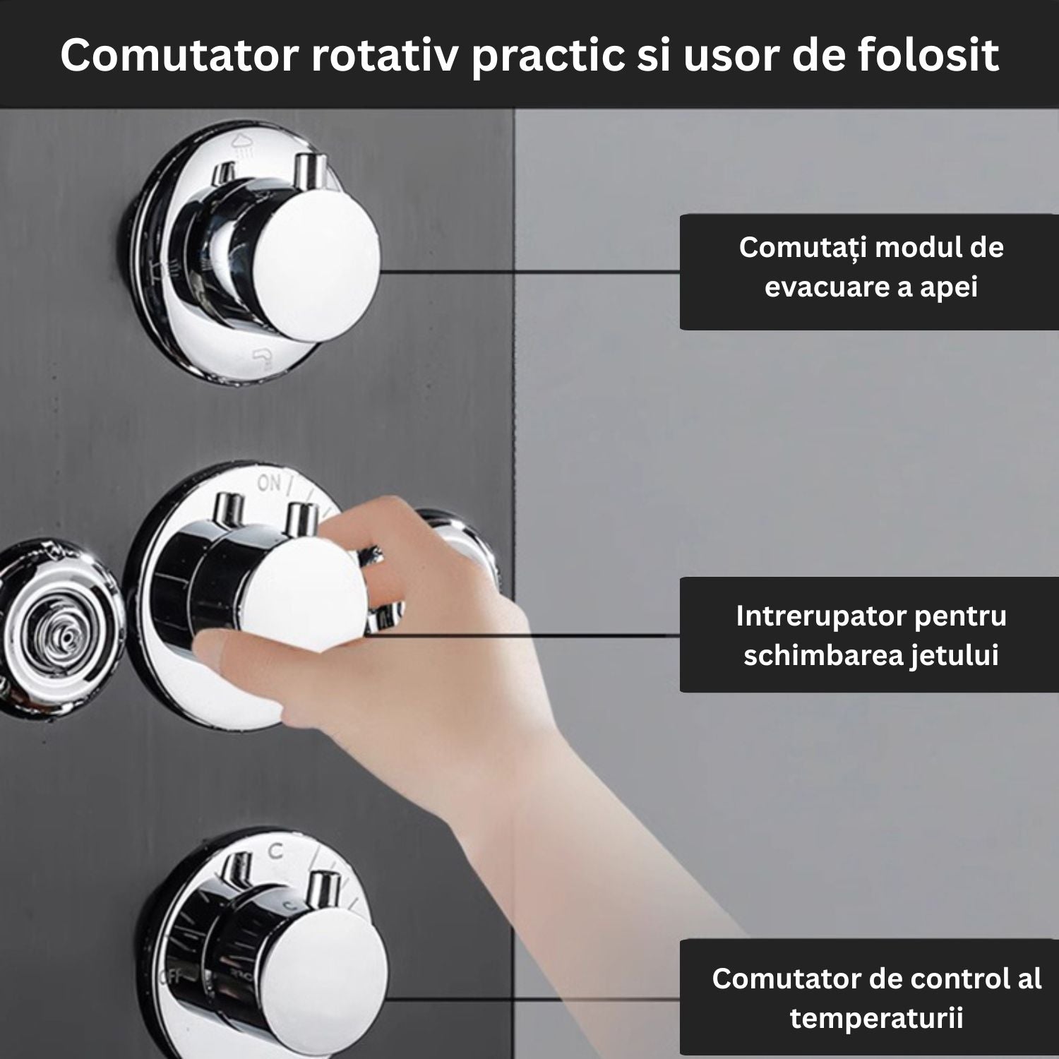 Panou dus modern din otel inoxidabil 304 cu functie cascada si jeturi multiple, montaj pe perete, culori negru, auriu si argintiu