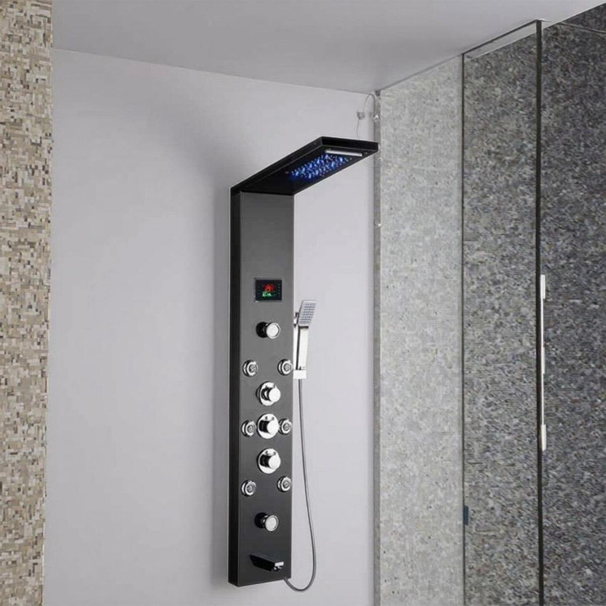 Panou dus modern din otel inoxidabil 304 cu functie cascada si jeturi multiple, montaj pe perete, culori negru, auriu si argintiu