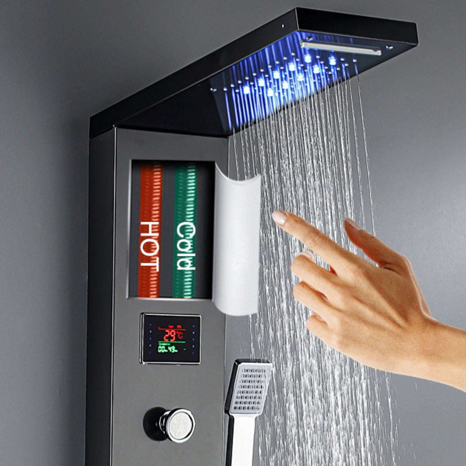 Panou dus modern din otel inoxidabil 304 cu functie cascada si jeturi multiple, montaj pe perete, culori negru, auriu si argintiu