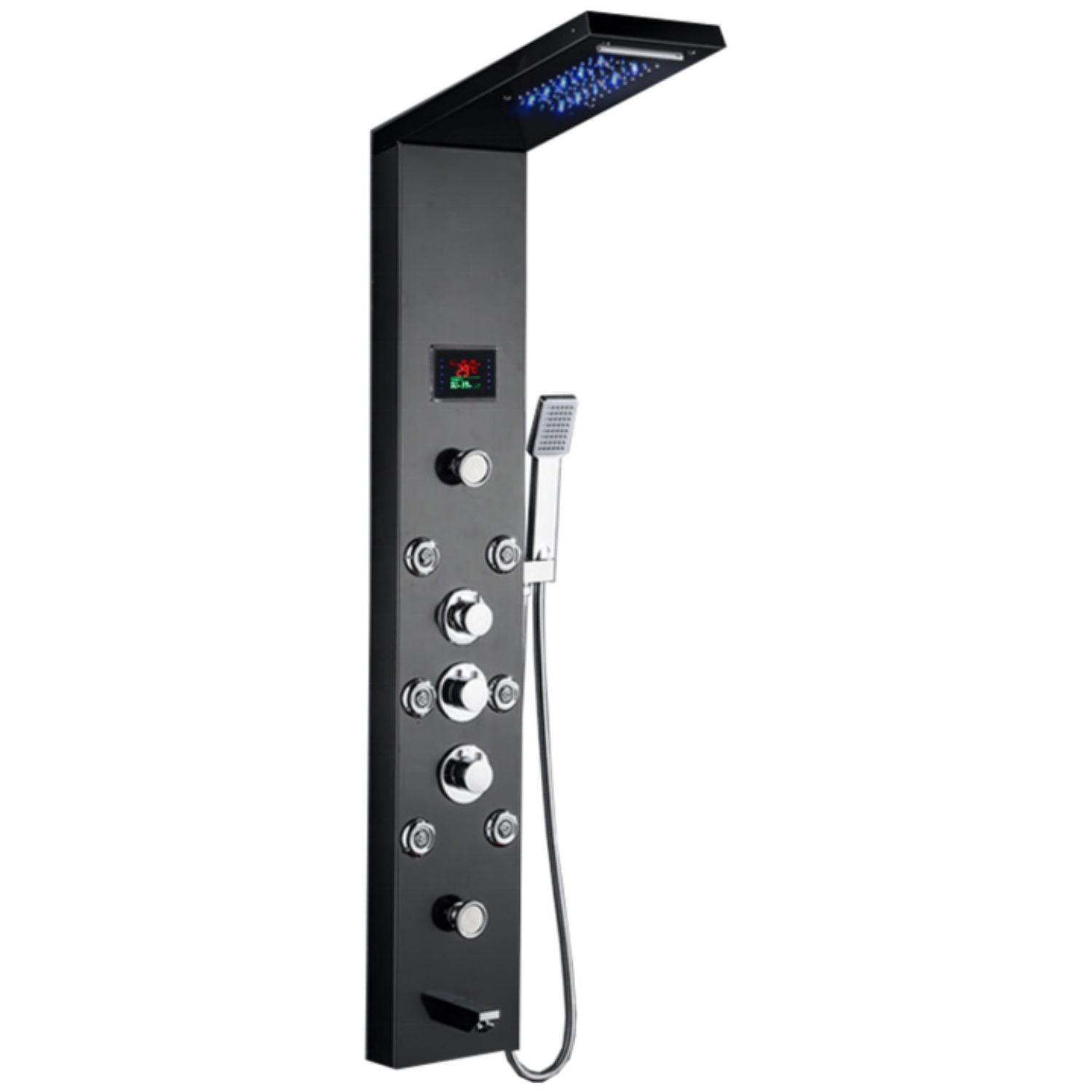 Panou dus modern din otel inoxidabil 304 cu functie cascada si jeturi multiple, montaj pe perete, culori negru, auriu si argintiu