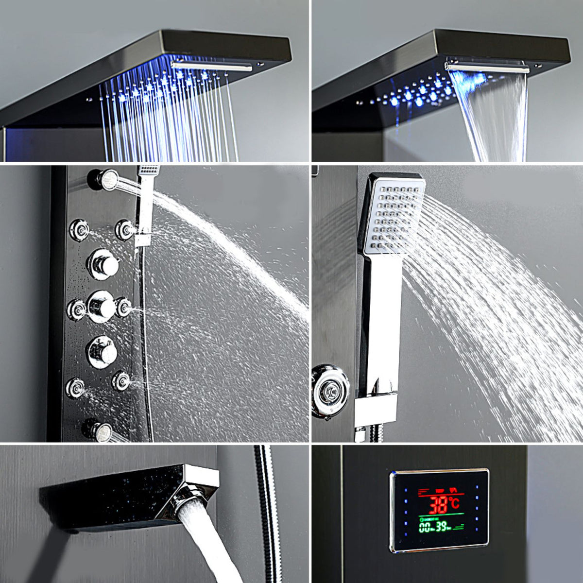 Panou dus modern din otel inoxidabil 304 cu functie cascada si jeturi multiple, montaj pe perete, culori negru, auriu si argintiu