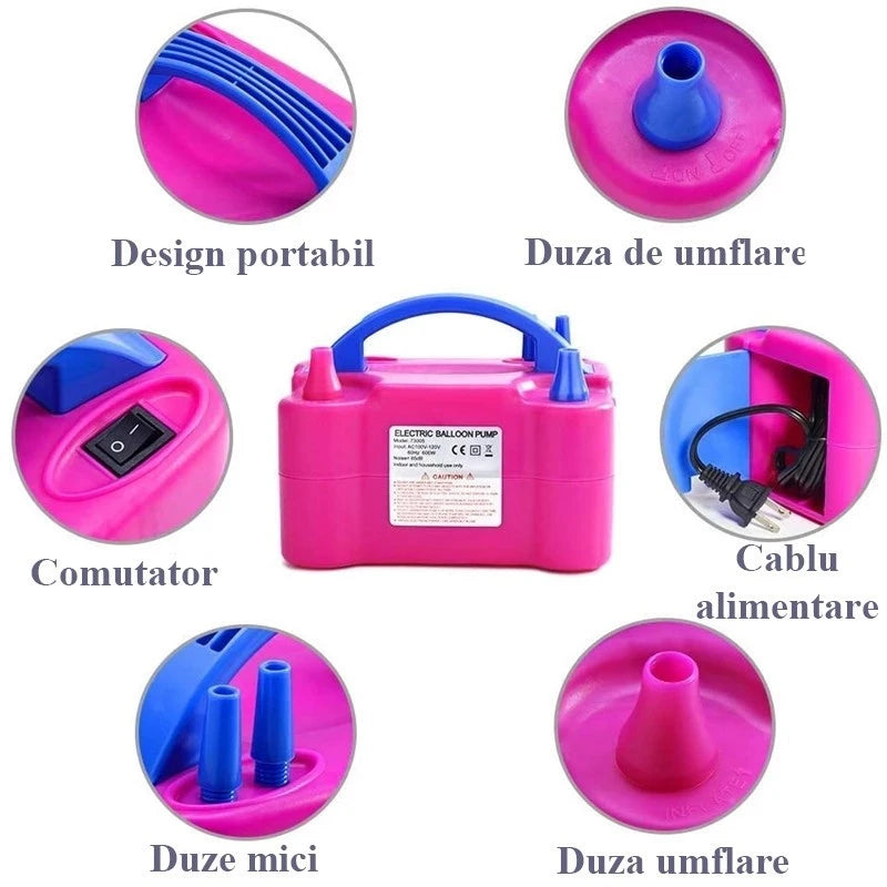 Pompa Electrică pentru Umflat Baloane – 600W, cu 2 Orificii și Mod Automat/Manual