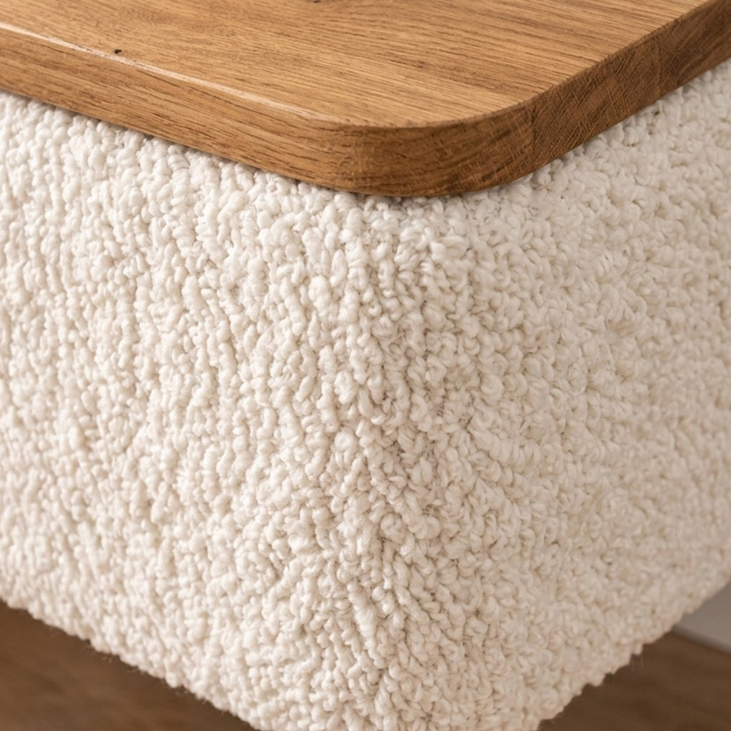 Noptiera cu Depozitare Boucle Alb 45x35x45cm Blat aspect Lemn Natural Picioare Lemn, colectie Teddy