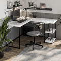 Birou de colt in forma L 140x147,8x73,8 cm, cu rafturi integrate si cadru metalic, pentru home office sau birou