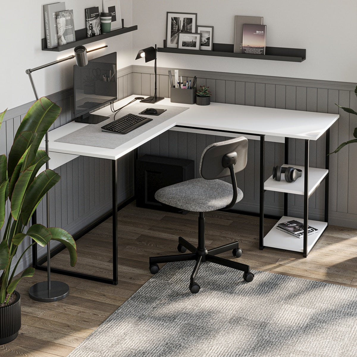 Birou de colt in forma L 140x147,8x73,8 cm, cu rafturi integrate si cadru metalic, pentru home office sau birou