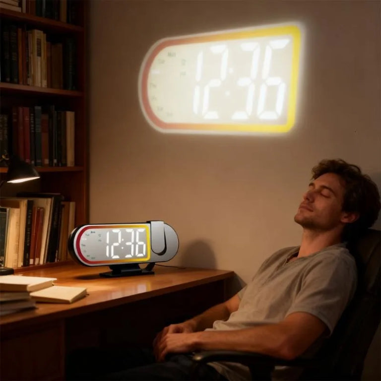 Ceas digital cu proiectie, design minimalist si futurist, afisaj LED, temperatura, calendar si lumina ambientala – 23 × 9.5 cm