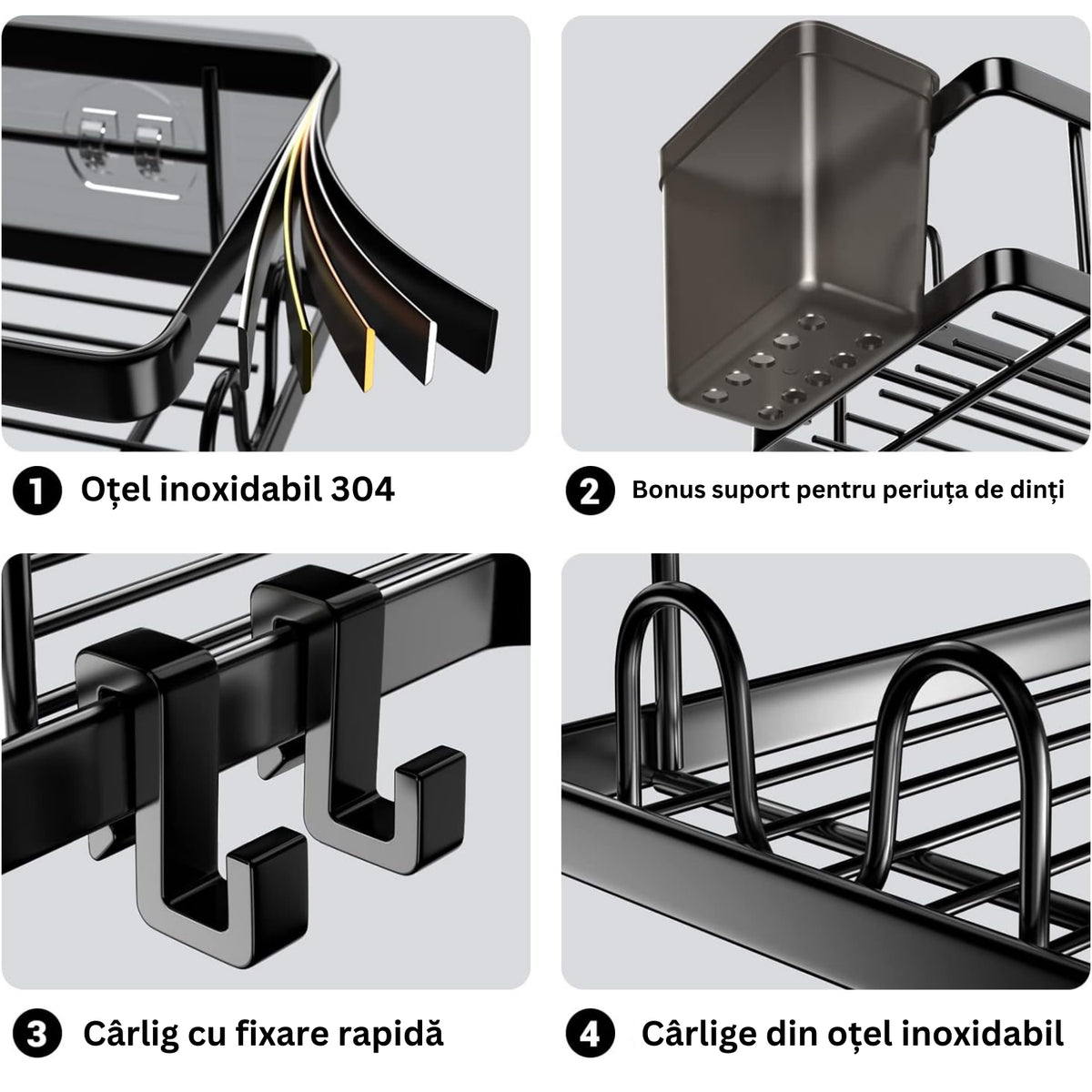 Set 2 rafturi de colt pentru baie sau bucatarie,5 piese, cu suport pentru periuta si pasta de dinti