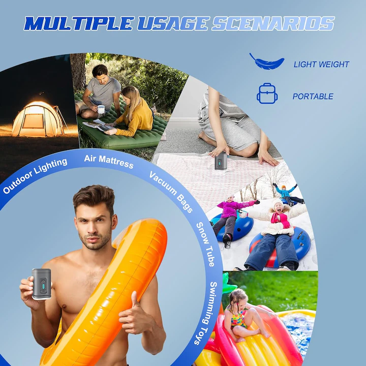 Pompa de aer electrică portabilă cu lanternă LED – 3 moduri luminoase, 5 duze, USB reîncărcabilă