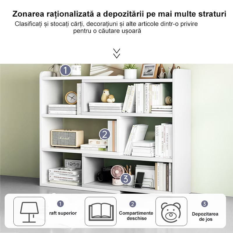 Biblioteca cu 6 compartimente, rotativa, cu lungime reglabila si extensibila, (60-120)×17×80cm, alb