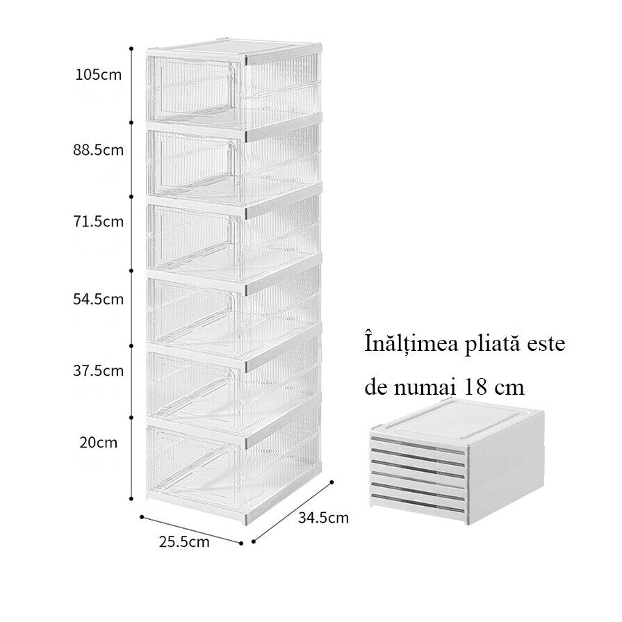 Set 4 cutii organizatoare pentru incaltaminte, pliabile, design transparent, 34.5x25.5x105cm, alb