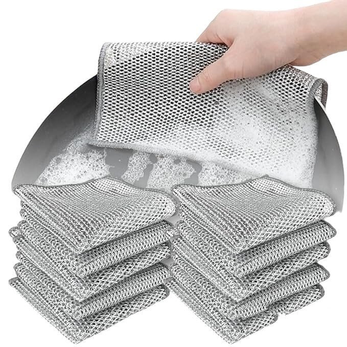 Set 10 lavete cu dublu strat, din fibra abraziva pentru vase, utilizare umeda si uscata, carpa de sarma, 30 x 30 cm, Argintiu