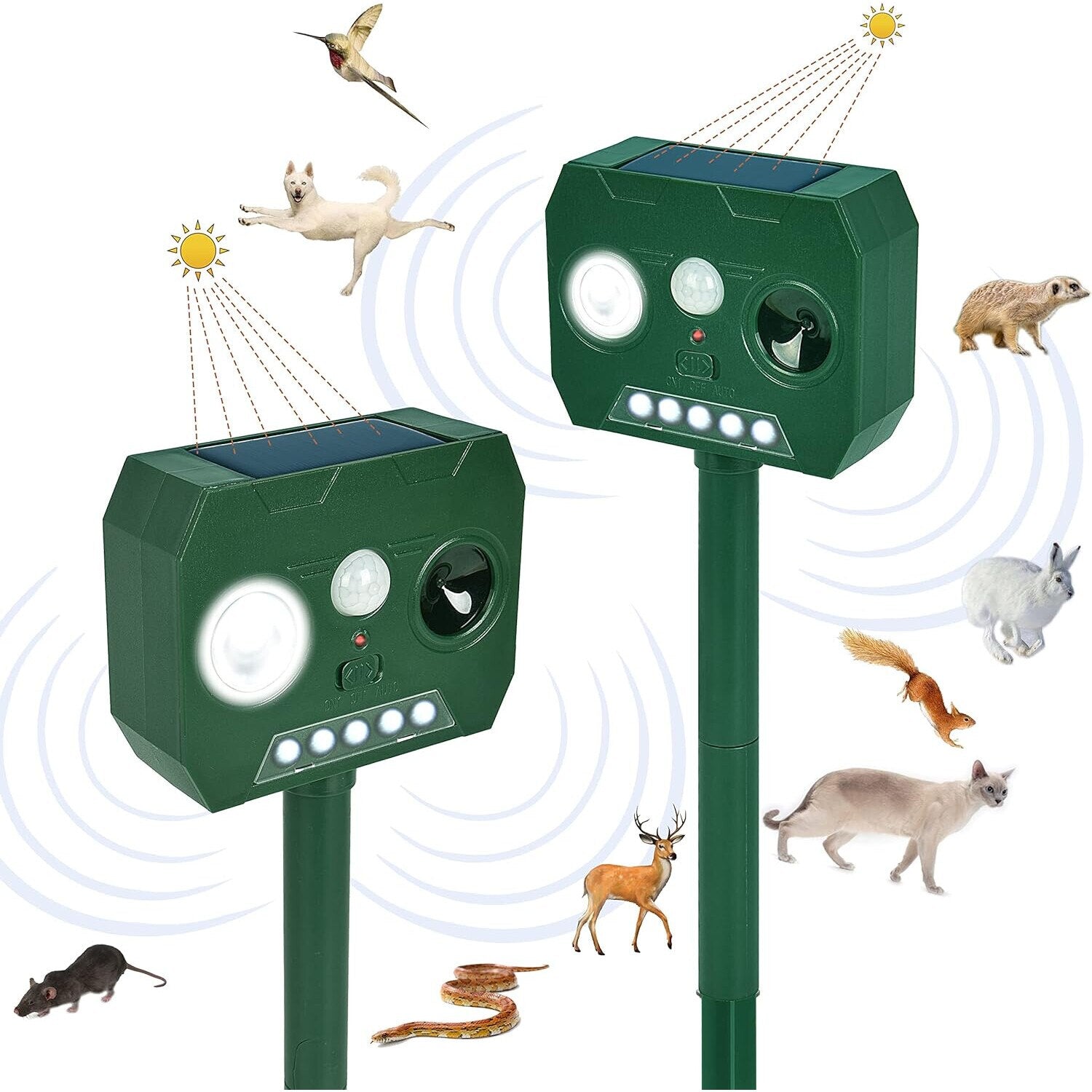 Aparat cu ultrasunete anti-daunatori, lumina intermitenta noaptea/ziua, incarcare solara, ideal pentru gradina