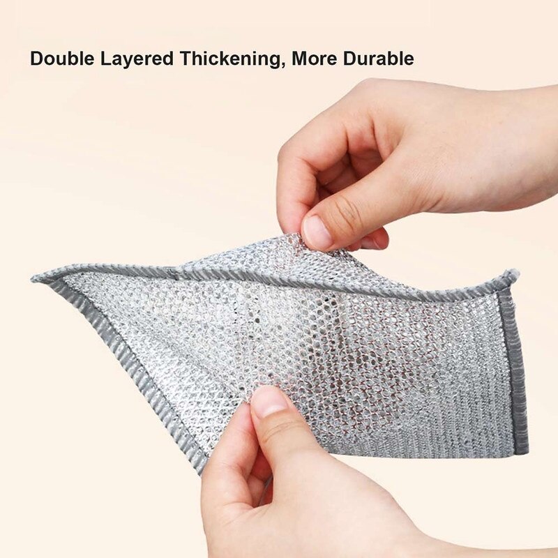 Set 10 lavete cu dublu strat, din fibra abraziva pentru vase, utilizare umeda si uscata, carpa de sarma, 30 x 30 cm, Argintiu