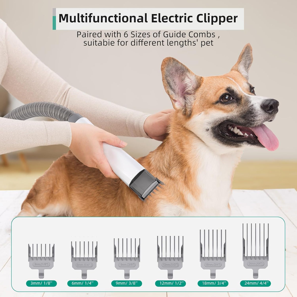 Masina de tuns animale 7 in 1 cu Aspirator integrat – Caini si Pisici, 6 dimensiuni de tuns, zgomot redus, Alb