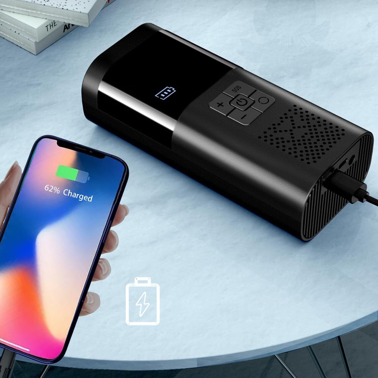Compresor Auto Portabil, 3 in 1, Baterie 6000mAh Tip Powerbank, Digital, Manometru, Lanterna LED, 150PSI, Debit 20L, Incarcare USB,
