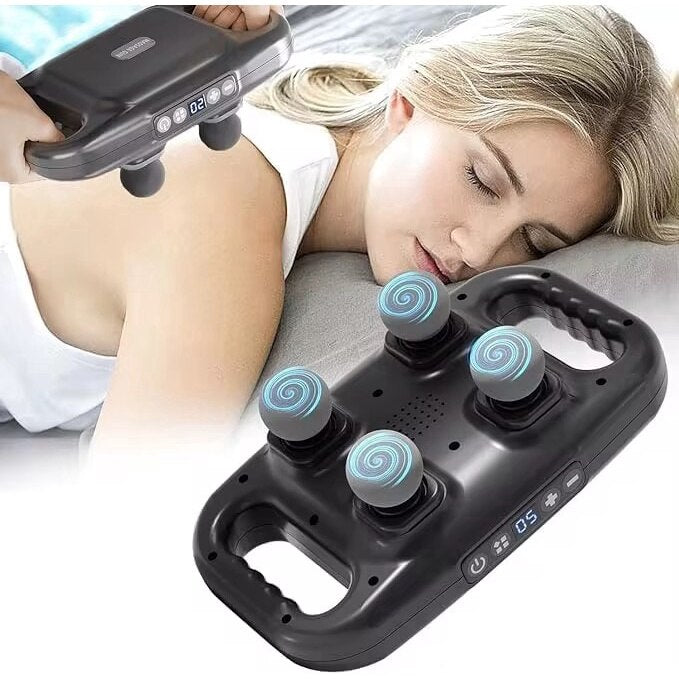 Aparat pentru masaj, Dispozitiv profesional cu 4 capete, 9 viteze reglabile, 19 000 percutii / min, temporizator inteligent, baterie 2000mAh reincarcabila