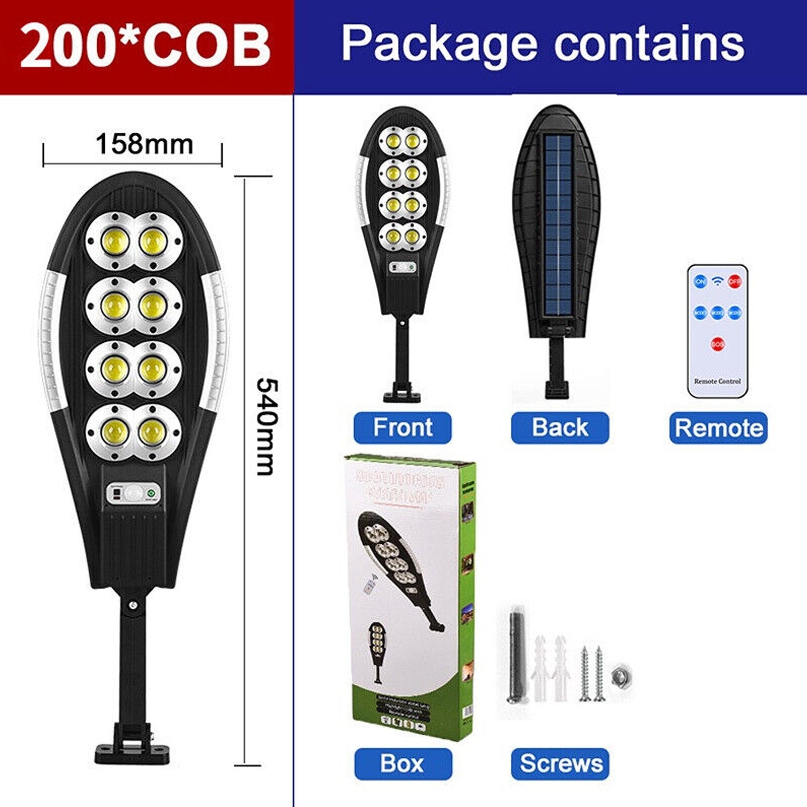 Lampa solară LED Exterior 200 COB cu Senzor de Mișcare, Telecomandă și 3 Moduri – Ultra Luminoasă, Rezistentă la Intemperii, Ideală pentru Curte,  Grădină, Terasă
