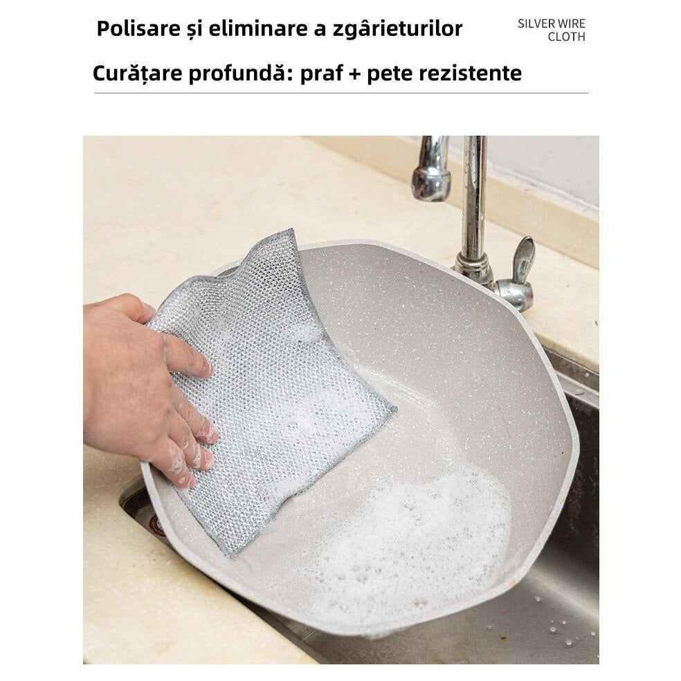 Set 10 lavete din microfibra metalica, abraziva, pentru vase, utilizare umeda si uscata, 20 x 20 cm, argintiu