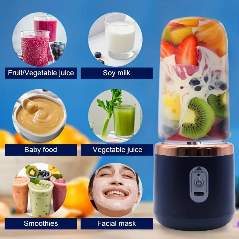 Mini Blender Portabil Electric, Cu Acumulator, 2 Recipiente, 6 Lame 3D, 300 ml, 40W, Capac Inclus, Albastru