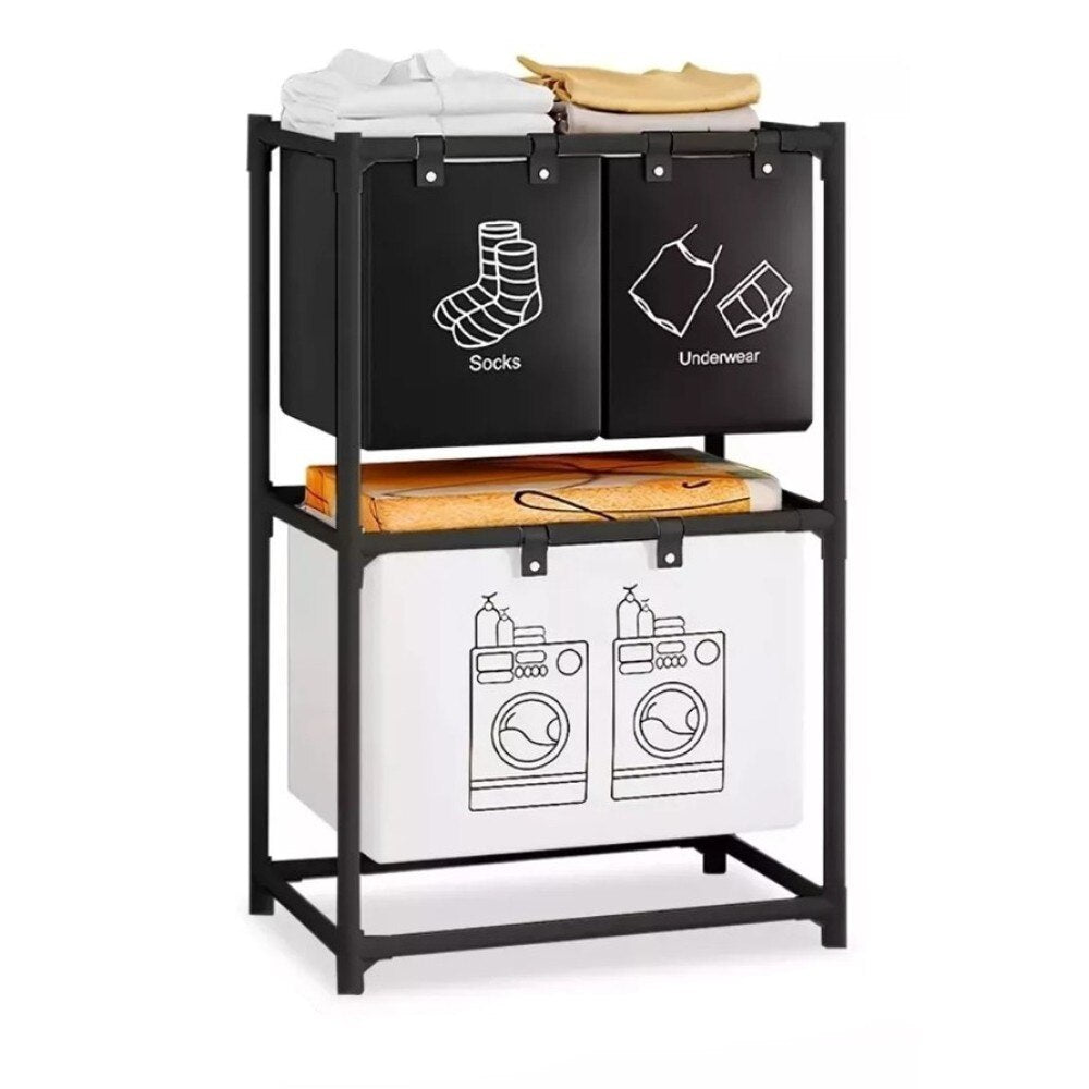 Raft pentru baie cu cos de rufe, doua straturi, cadru de otel inoxidabil, 97x28x57 cm, negru