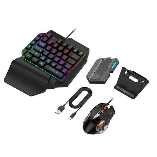 Set Gaming telefon complet 5 in 1 cu tastatura Iluminata RGB, emulator jocuri telefon, mouse gaming, suport telefon Inclus, mouse pad Inclus, Wireless, cu inteligent Spray control, compatibil Android
