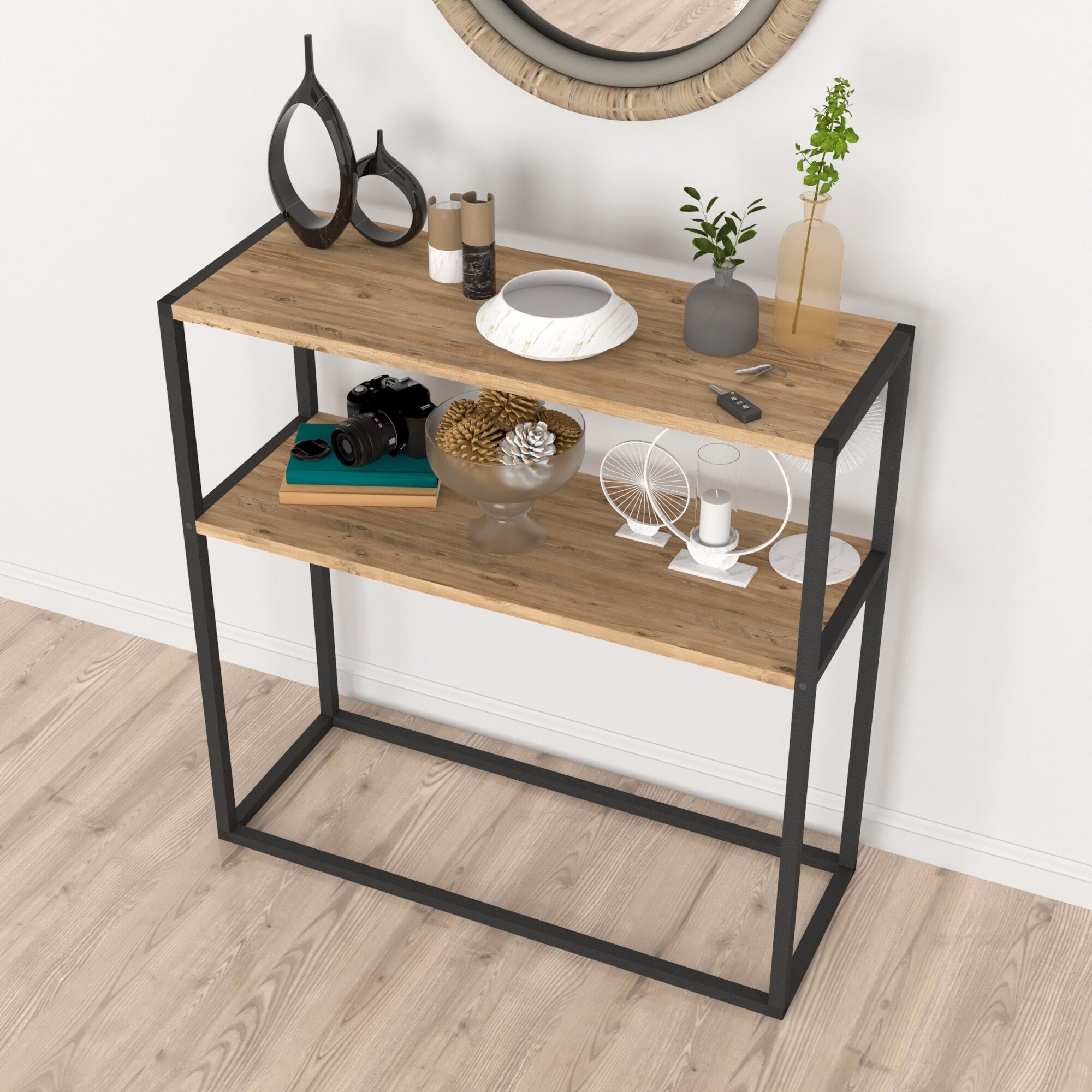 Masă consola decorativa cu 2 rafturi, 90x90x33,5 cm, efect stejar și cadru metalic