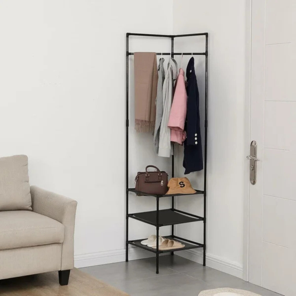 Cuier haine metalic pentru coltul camerei, 3 rafturi 180 x 44 x 44 cm