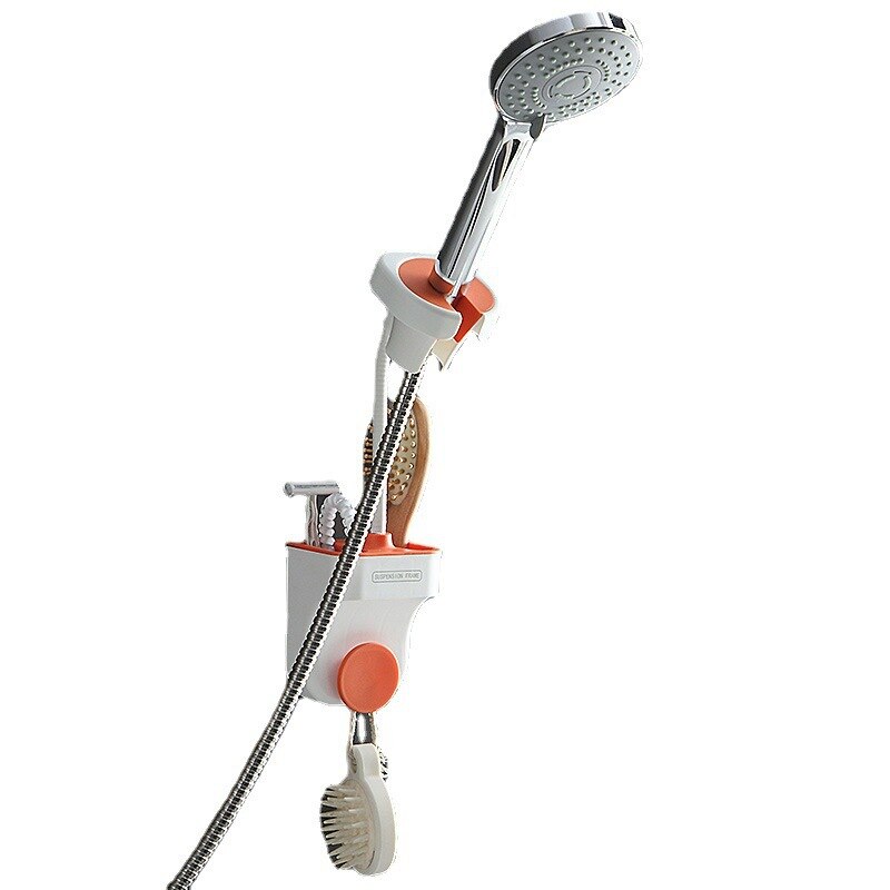 Suport pentru para de dus sau feon, multidirectional, din ABS, montare pe perete, lipire, rezistent, cu spatii de depozitare incorporate, alb/portocaliu