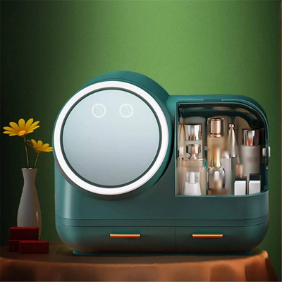 Organizator cosmetice cu ventilator, oglinda iluminare LED rotativa 360 grade, portabila, incarcare USB, depozitare compartimentata cu sertare