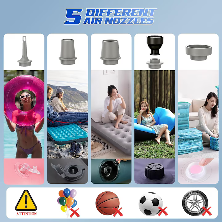 Pompa de aer electrică portabilă cu lanternă LED – 3 moduri luminoase, 5 duze, USB reîncărcabilă