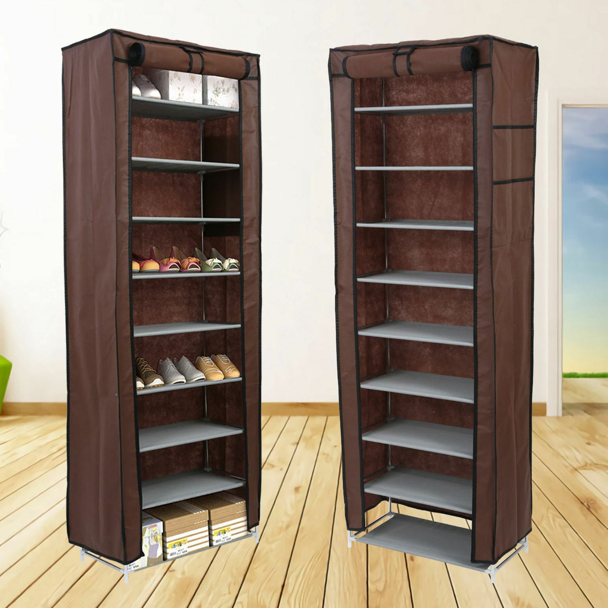 Suport pantofi 27 perechi 9 rafturi, cadru otel, invelis textil, 160x61.5x31.5, inchidere cu fermoar