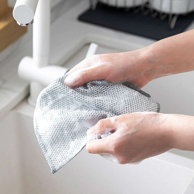 Set 10 lavete cu dublu strat, din fibra abraziva pentru vase, utilizare umeda si uscata, carpa de sarma, 30 x 30 cm, Argintiu